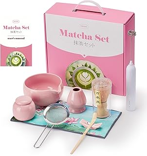 Matcha Whisk Set,9 Pcs Japanese Matcha Set Pink, Matcha Kit with Sifter, Matcha Tea Cloth, Matcha Powder Canister, Electric Rechargeable Frother(Pink)