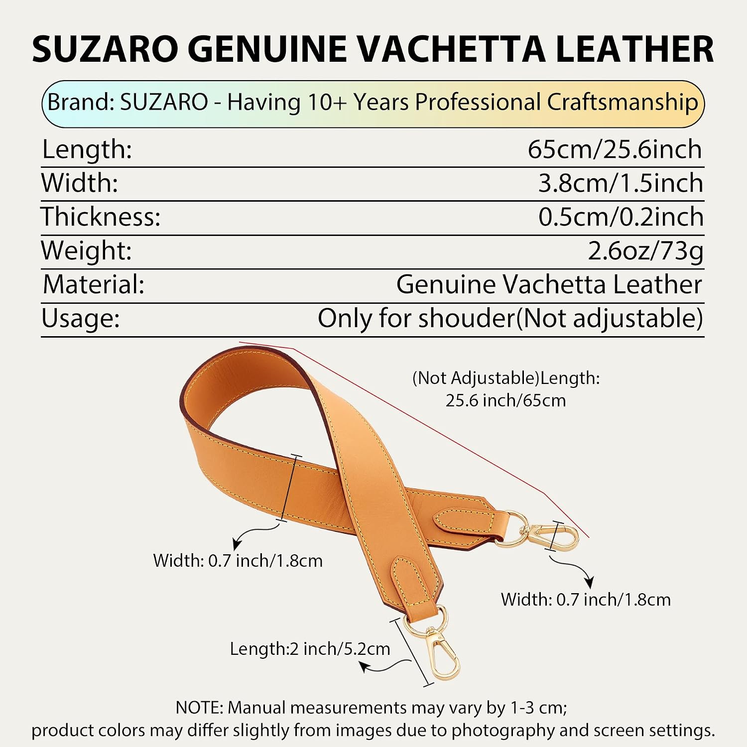 Vachetta Leather Strap Replacement for LV Neverfull Tote Bags, Genuine Cowhide Fixed Length Wide Shoulder Strap (65cm/25.6in, Non-Adjustable, 3.8cm Width) for Armpit/Arm Carry, Beeswax