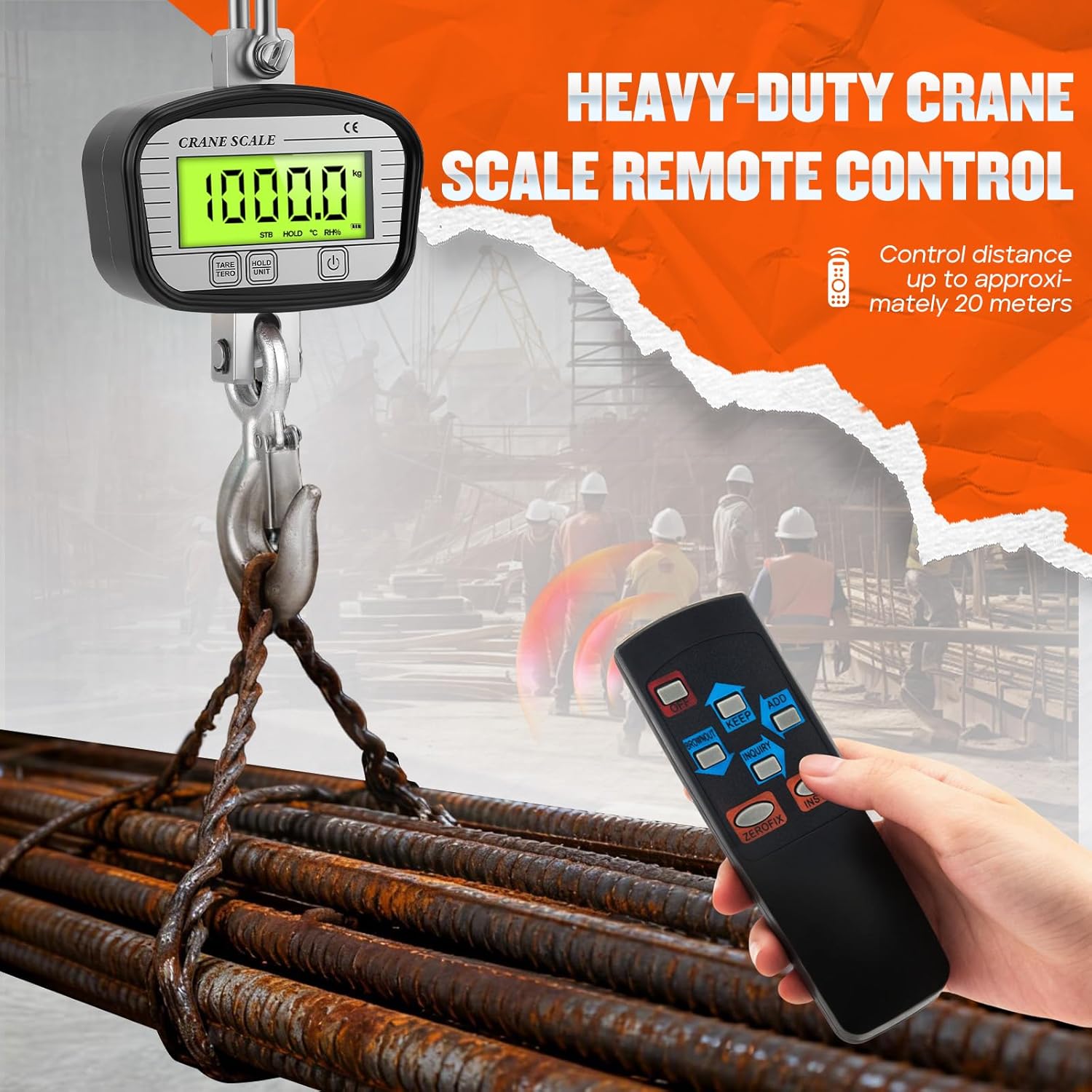 Digitale kraanweegschaal, 1000 kg capaciteit, industriële zware hangweegschaal met lcd-display en afstandsbediening, zwart, voor gebruik op bouwplaatsen, landbouw, fabrieken - Afbeelding 5