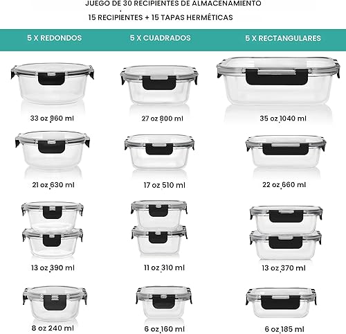 Miniatura 2 de Razab 30 recipientes de vidrio para almacenamiento de alimentos con tapas, recipientes de vidrio reutilizables para almuerzo y sobras, tapas