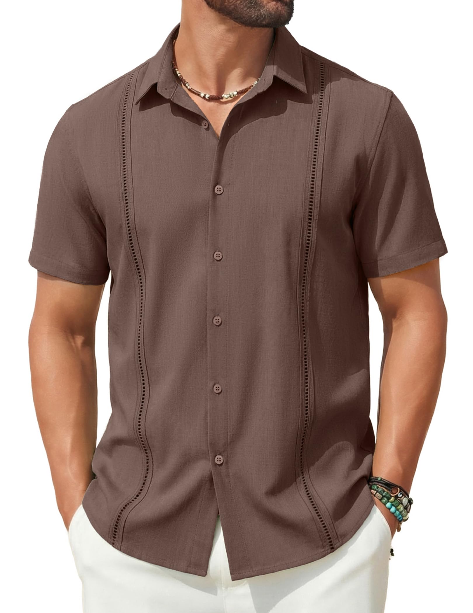 COOFANDY Mens Short Sleeve Cuban Guayabera Shirt Casual Summer Beach Button Down Shirts 3X-Large Brown