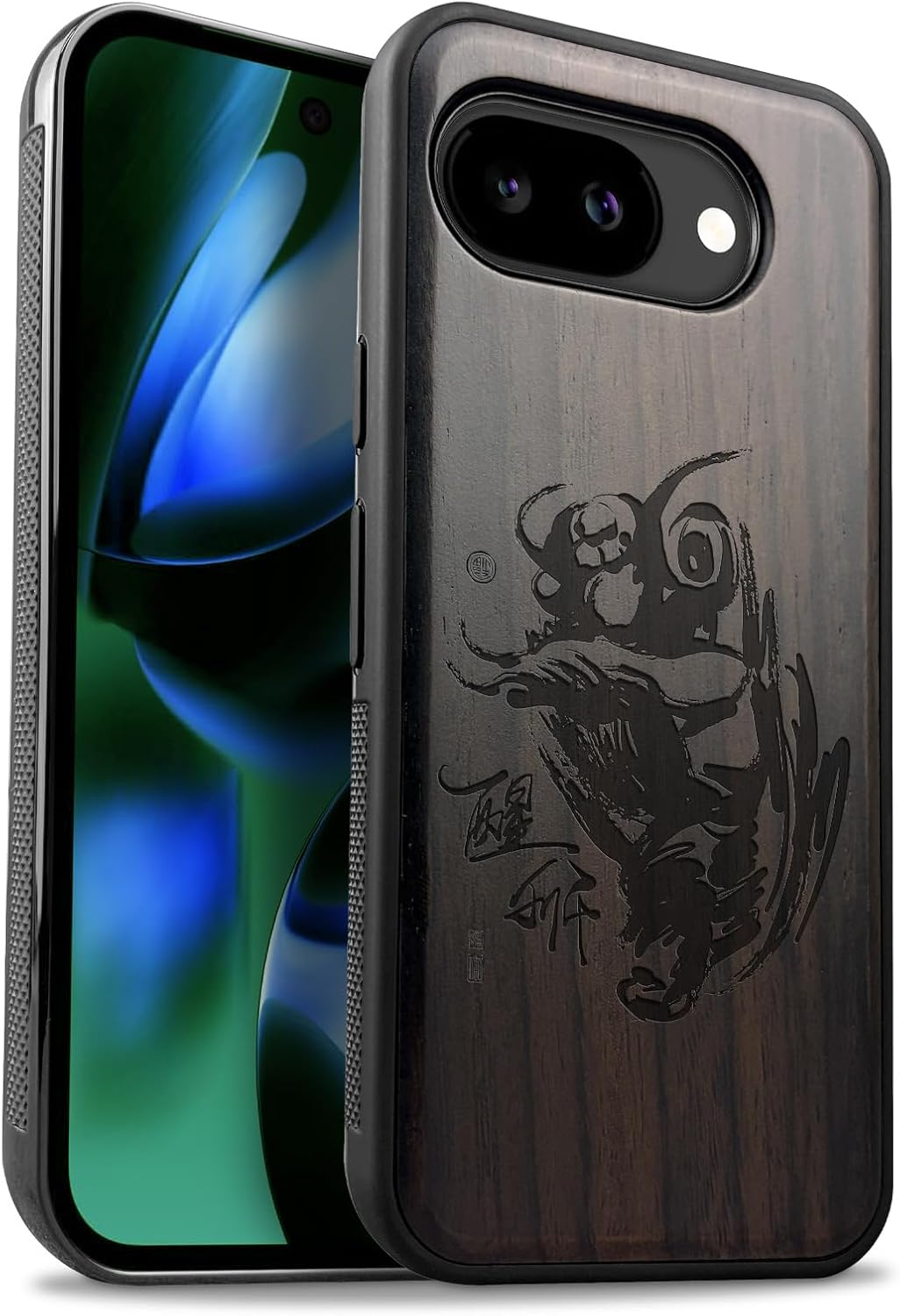 Carveit Magnetic Wooden Case for Google Pixel 10a Case, Wood Artisan Engraved & Soft TPU Shockproof Cover, Compatible with MagSafe Wireless Chargers (Ink Lion Dance) Rosy