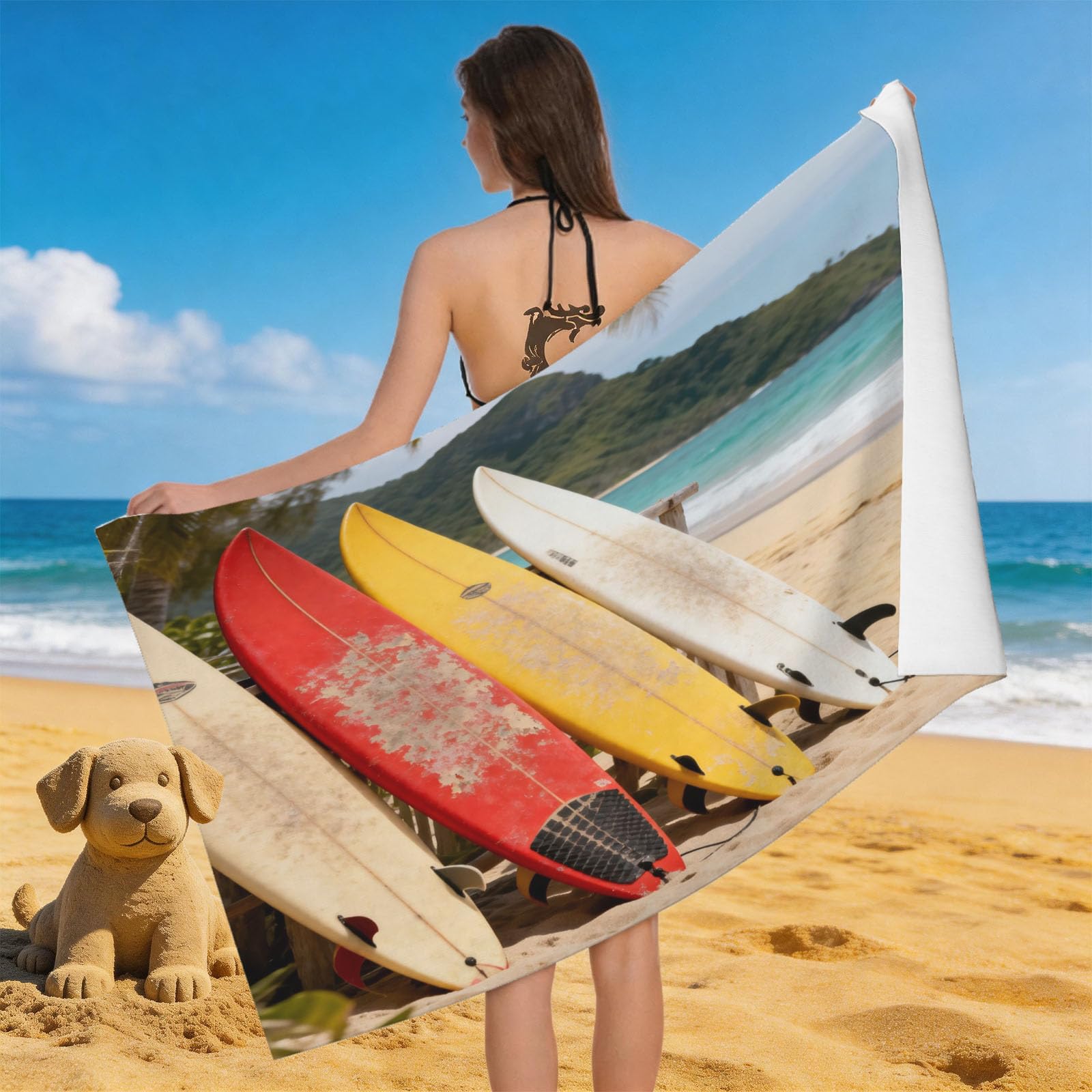 Leichong 3D Beach Surfboard Beach Towel Large Microfiber Soft Quick Dry for Adults, Wave Bath Towel Lightweight Soft Absorbent for Travel Swimming Pool Sports, 180 x 90 cm