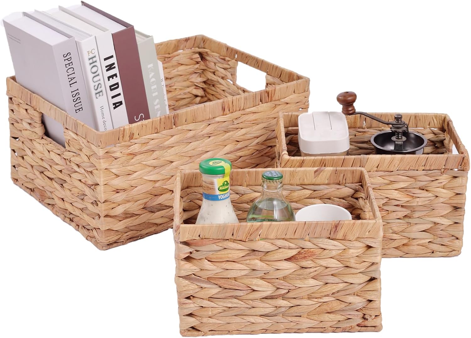 Set of 3 Water Hyacinth Storage Basket Rattan Woven Shelf Organizing with Built-in Handles 3-Pack Nesting Wicker Bathroom Accessories Pantry Storage