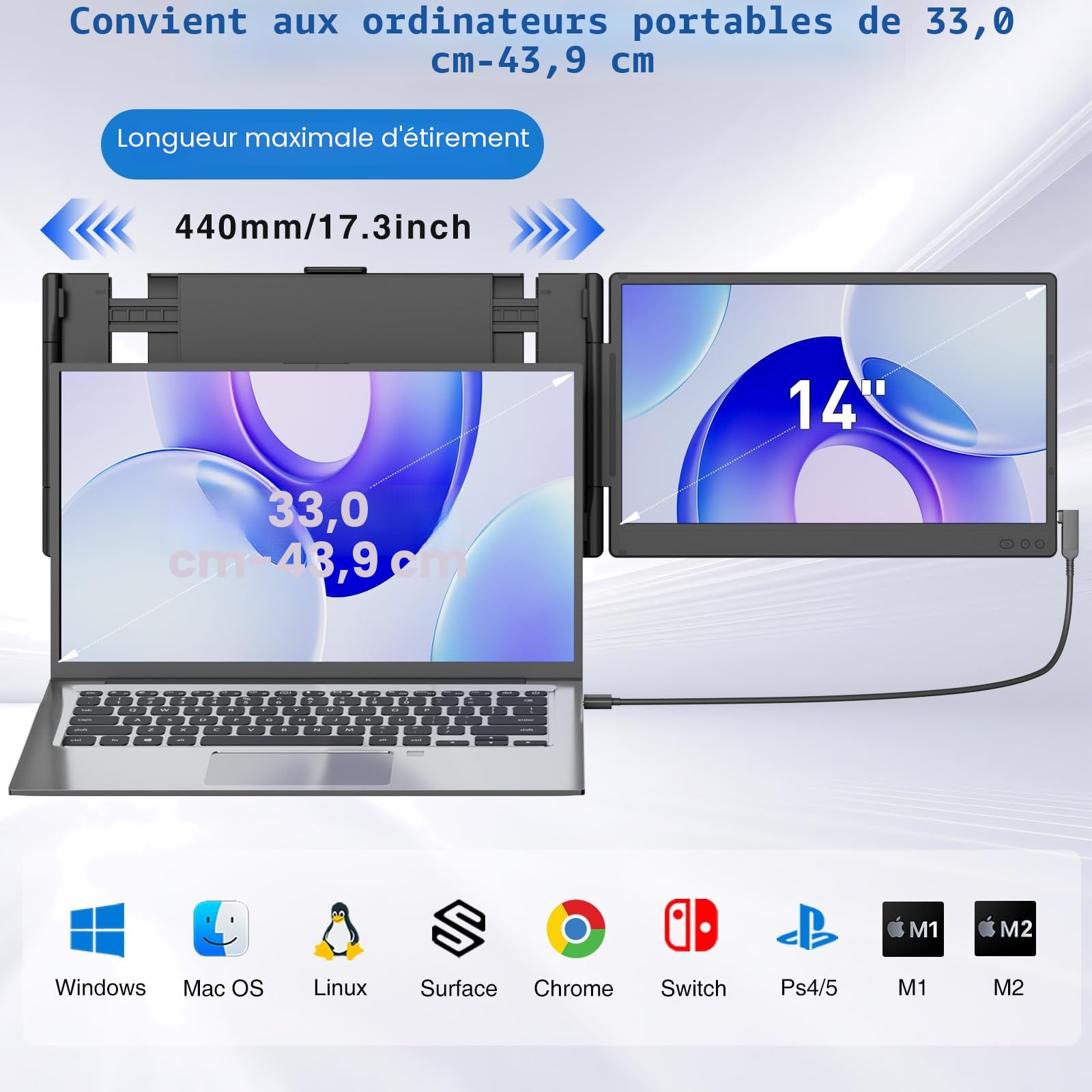 Extension Ecran PC Portable, Double Extension d'écran IPS FHD 1080P 14", Moniteur Portable pour Ordinateurs Portables 13-17,3", Double écran Plug & Play pour Windows/Mac avec Port USB C/HDMI