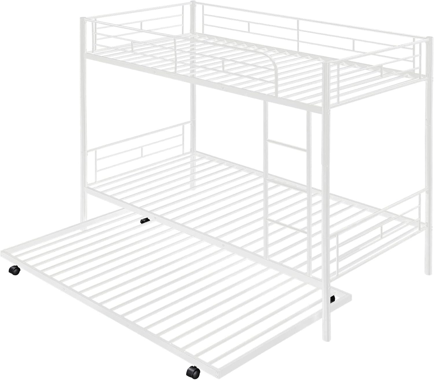 Assembled GLORHOME Twin-Over-Twin Metal Triple Bunk Bed with Trundle in white, trundle pulled out