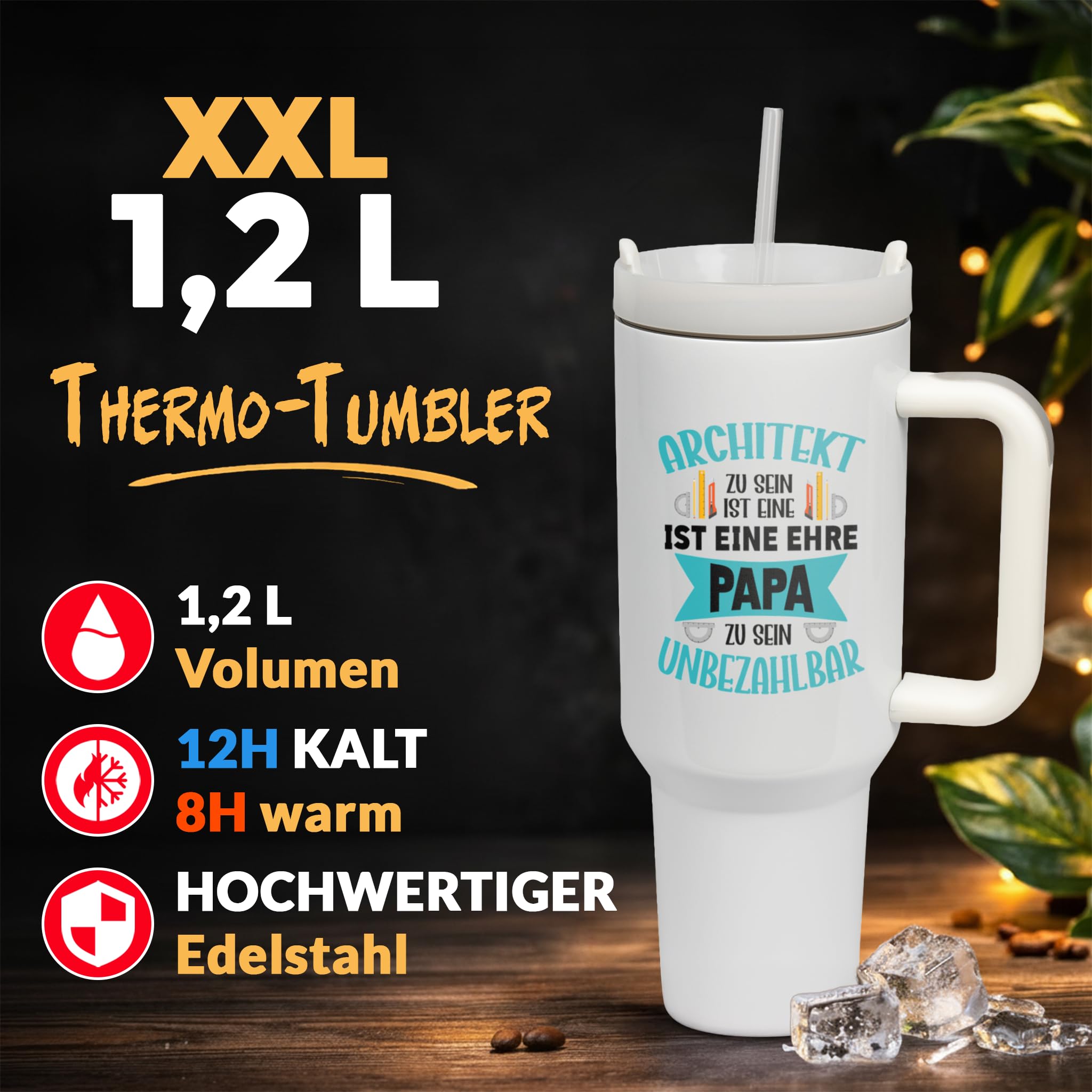 XXL Thermobecher für Papa & Architekten – Geschenk zum Vatertag & Geburtstag – Edelstahl Trinkflasche, Weiß mit Architekt Papa Spruch (WIEDERVERWENDBAR)