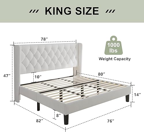 Miniatura 31 de Feonase Base de cama de tamaño matrimonial con cabecera tapizada con respaldo de ala, plataforma y soporte de listones de madera resistente, fácil