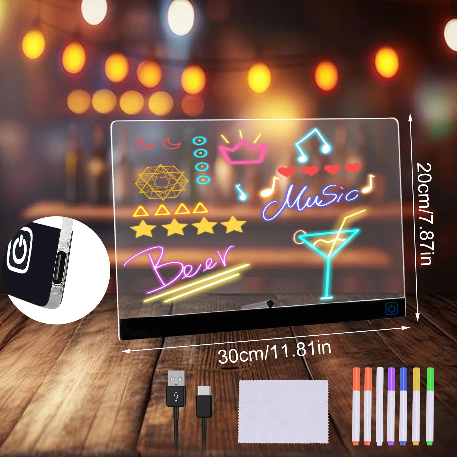 Tismels Lavagnetta in Acrilico con Luci LED 30x20cm, Lavagna Promemoria LED Con 7 Colori penna e supporto, per Ufficio Scuola Casa Caffè