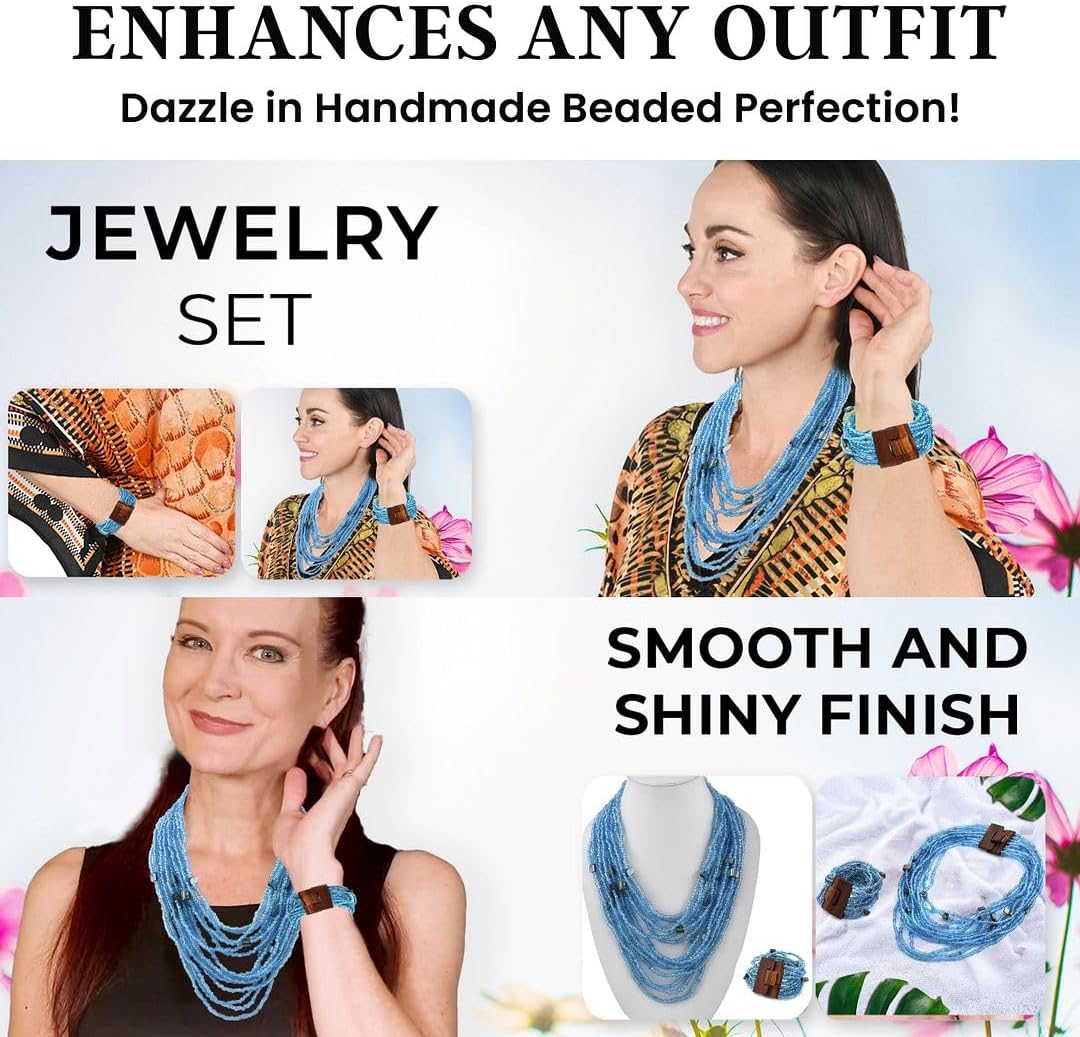 Handmade Seed Bead Necklace & Bracelet Set Boho Jewelry for Women - Layered Multi Strand Beaded Necklaces & Bracelets w/Wooden Clasp Length 18" Strechable Bracelet Gifts for Womens
