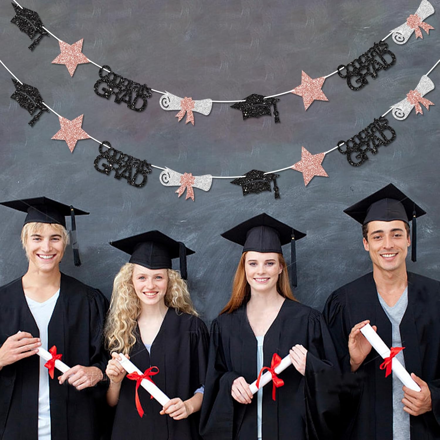 Black and Rose Gold Congrats Grad Banner Graduation Decorations Class of 2026 Glitter Star Grad Cap Certificate Bunting Garland for Graduation Party Supplies - Image 6