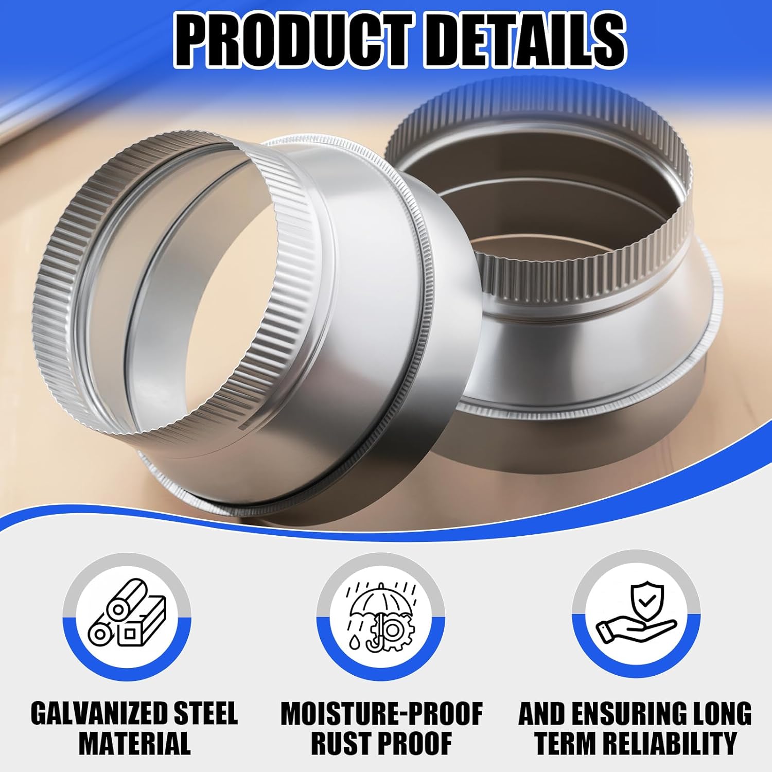 2 Pcs 7" to 6" Duct Reducer Galvanized Steel Increaser Air Duct Adapter for Ventilation System, Connect Pipe, Drainage Pipes, Exhaust Pipes with Pipeline Fan or Dryer Vent