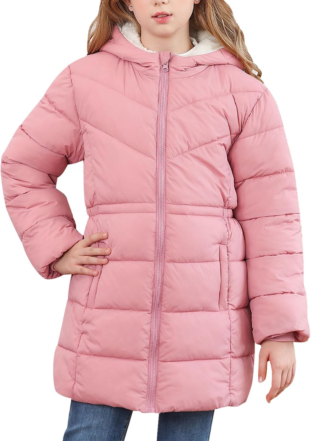 UNIFACO 5-12 Years Girls Winter Coat Heavyweight Puffer Coat with Cinched Waist Hooded Winter Jackets for Girls