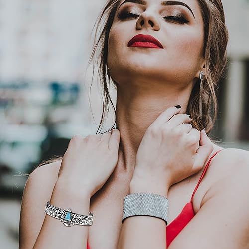 Miniatura 7 de RechicGu Vintage Tribal Southwest Turquía águila tallada piedra azul vaquera azteca vaquera nativa americana brazalete abierto brazalete brazalete