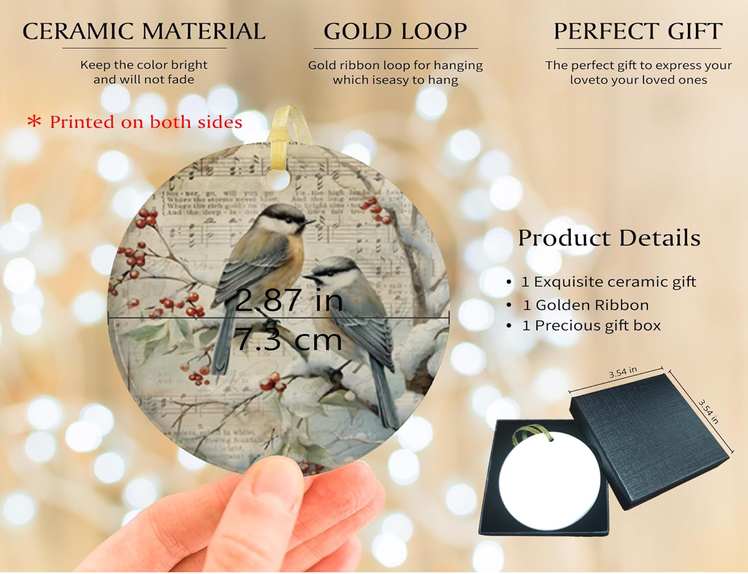 HONLUNG Vintage Christmas Birds Ornament, Rustic Winter Bird Round Ceramic Ornaments for Christmas Tree Decoration,Xmas Bird Decorative Hanging Ornaments Keepsake - Image 4