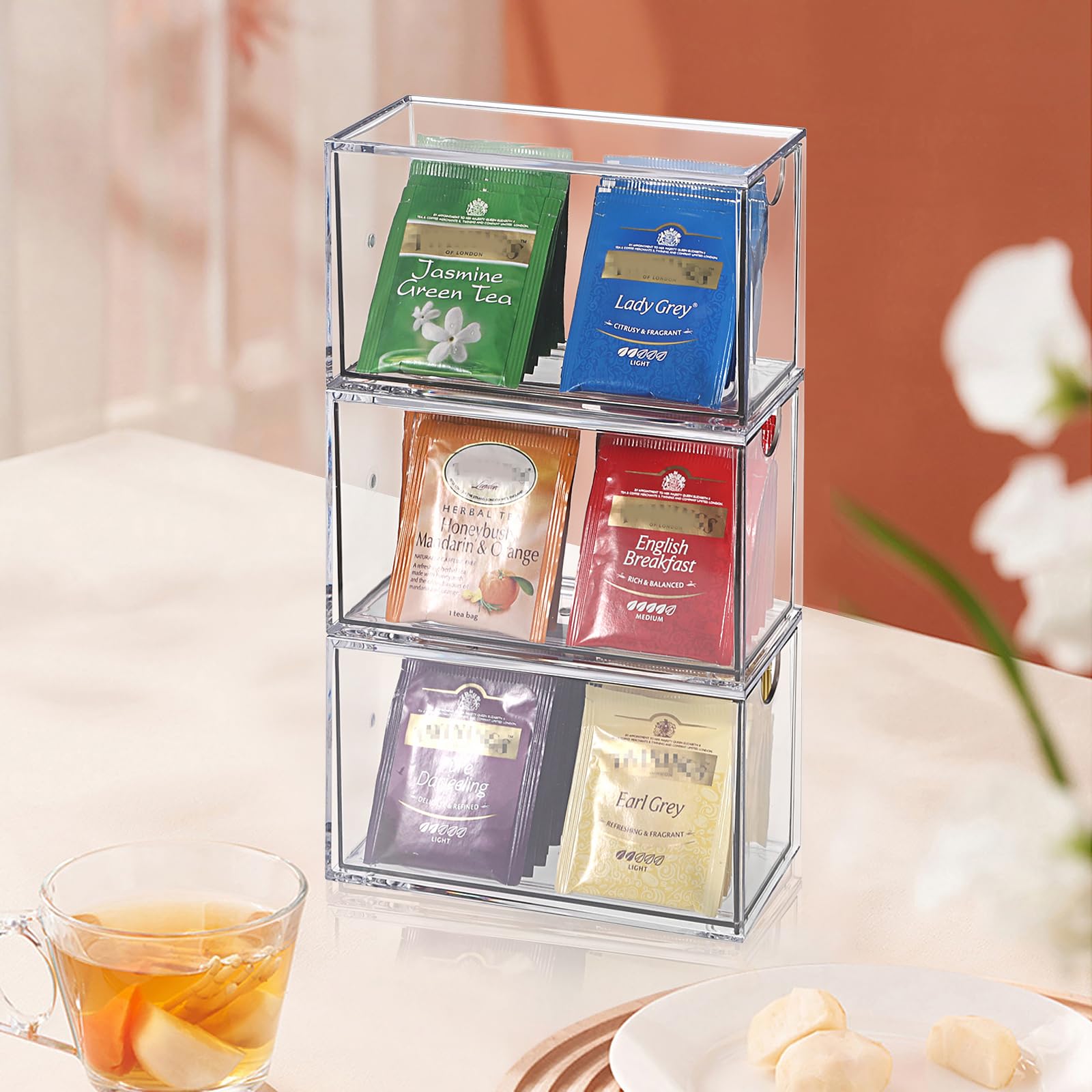 ELLDOO Organizador de bolsas de té de 3 cajones, acrílico transparente, apilable, soporte de almacenamiento para despensa de cocina, almacenamiento de aperitivos para encimera