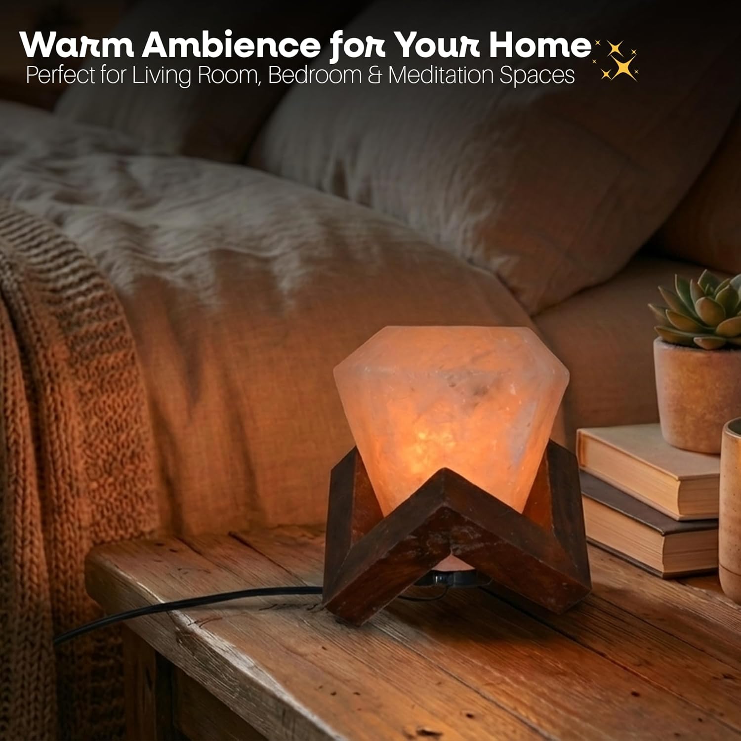 Himalayan Salt Lamp Diamond Shape – Hand-Carved Pink Rock Salt Light with Dimmer, Warm Mood Lighting for Bedroom, Home & Office – Wooden Base