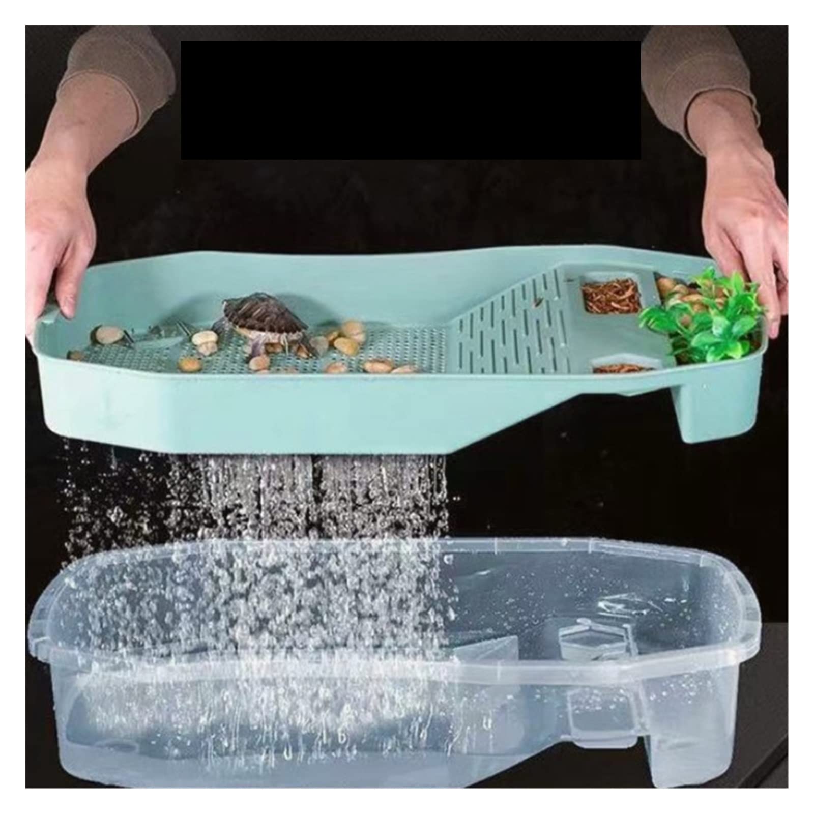 Schildkrötenpanzer Futterbox Kunststoff-Lebensraumhaus mit Schattenhang Schwimmbad Reptilien-Kunststoff-Wassertank Abnehmbares 2-Lagen-Design für drinnen und draußen