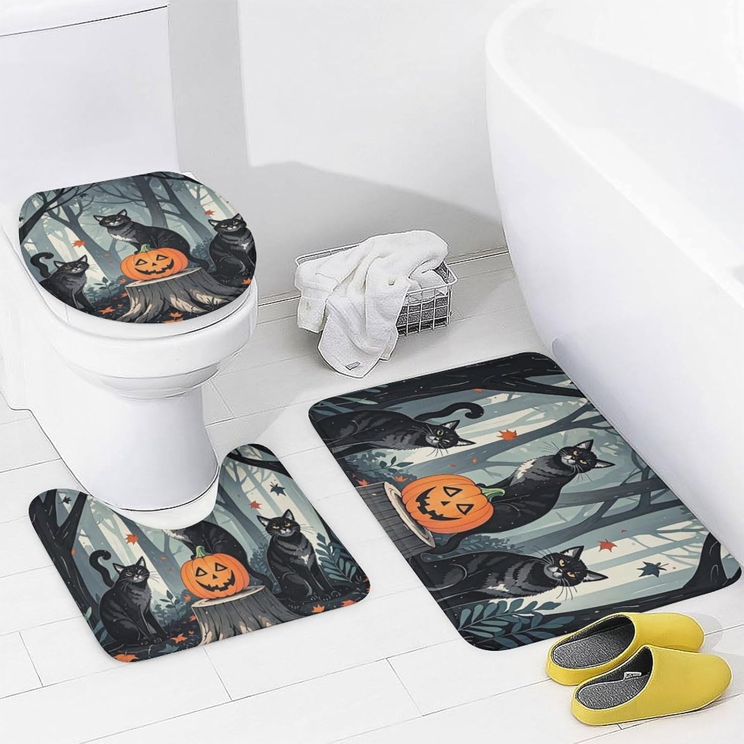 Art Fall Shower Curtain Set 4 Piece, Non-Slip Bath Mat with Toilet Lid Cover and Waterproof Shower Curtain with 12 Hooks, Complete Bathroom Set for Home Decor