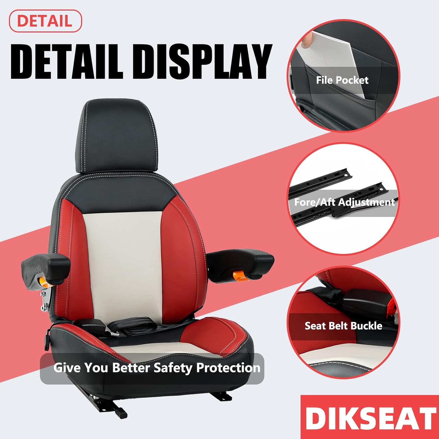 Universal Tractor Seat,Forklift Seat with Safety Seatbelt,Micro Switch,Adjustable Backrest,Headrest Armrests Fits Zero Turn Mower Skid Steer Loader Dozer Telehandler（Black-Red）