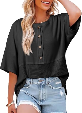 Dokotoo Womens Waffle Knit Tops 3/4 Sleeve Oversized Patchwork Blouses