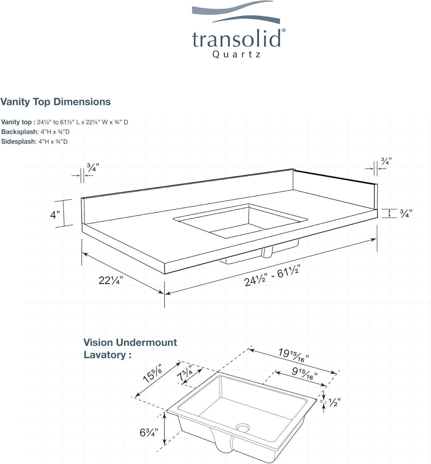 Transolid VT24.75x22-1KU-3A-A-W-8 Quartz Vanity Top with 8 in. Widespread and Rectangular Undermount Sink, 24.75" L x 22.25" D, Milan White