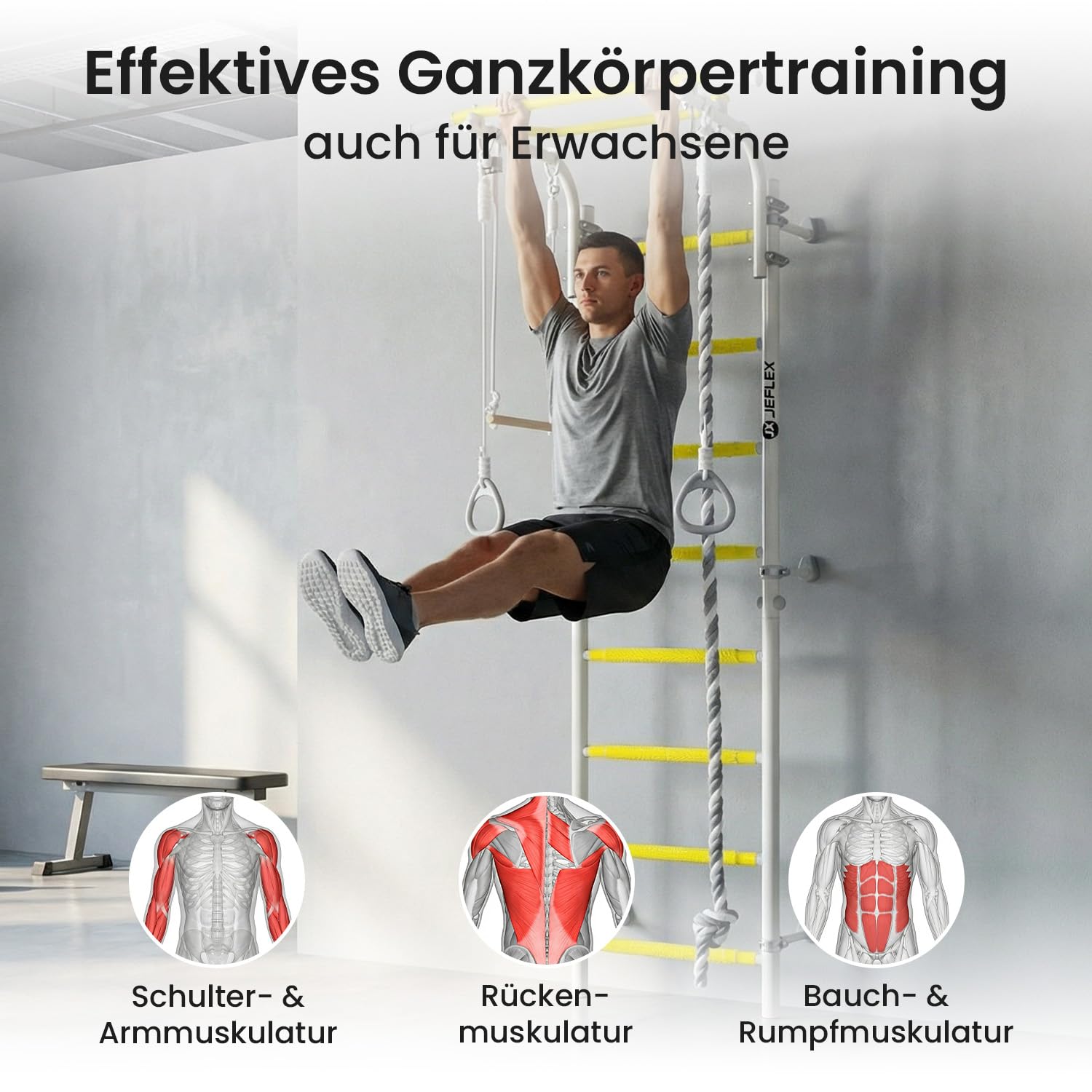JEFLEX - weiß/gelbe Kinder Sprossenwand mit Verstellbarer Klimmzugstange/Robuste Fitness-Station fürs Kinderzimmer/Einfache & vielseitige Montage/inkl. tollem Kletterwand-Zubehör