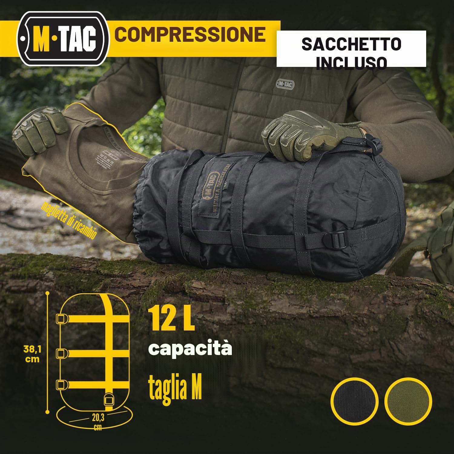M-Tac Sacco a pelo a compressione, militare, impermeabile, leggero, in nylon, per viaggi, campeggio, escursionismo, attività all'aperto, 12 litri, taglia M