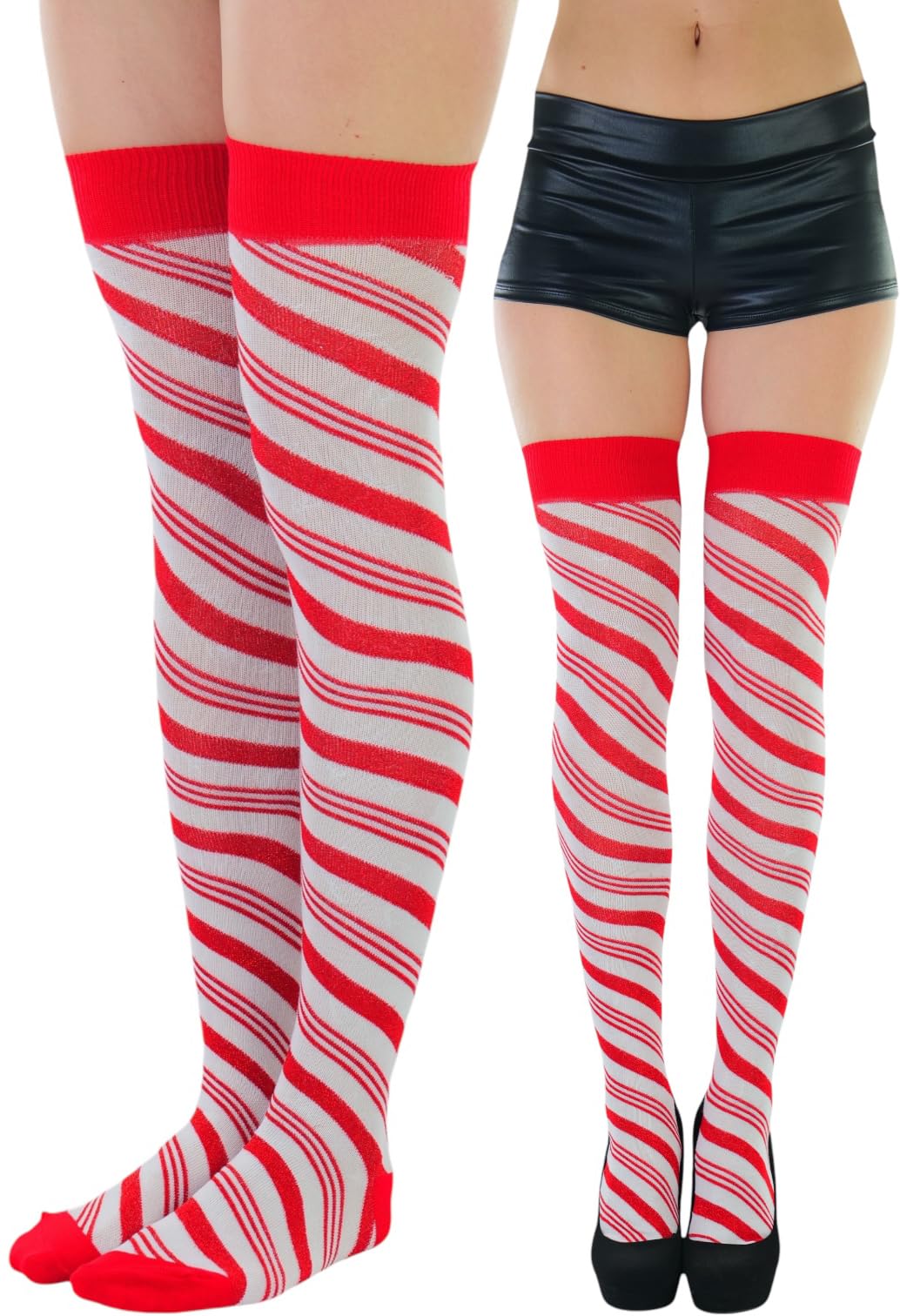 ToBeInStyle Women's Striped Christmas Thigh Hi Stockings W/Bow: One Size Shimmering Candy Cane Striped - Red/White