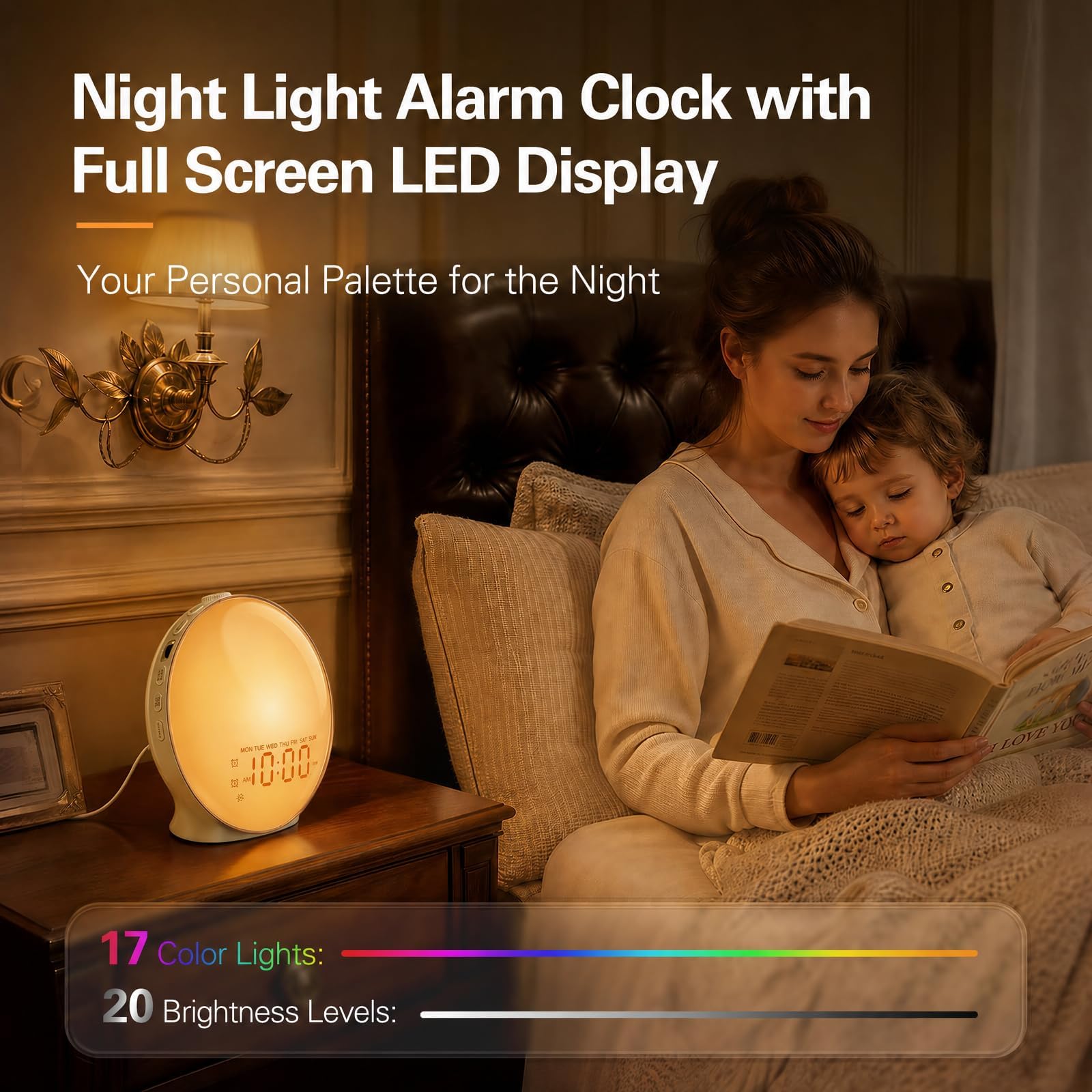 JALL Réveil lumineux plein écran pour chambre à coucher, machine à bruit blanc pour les dormeurs lourds, 25 sons naturels, double alarme, radio FM, 17 couleurs à intensité variable, haut-parleur