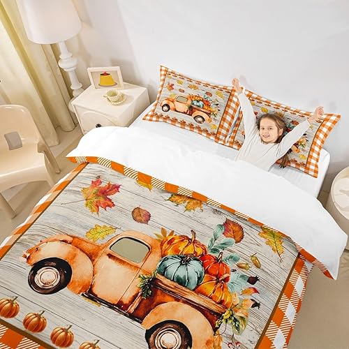 Miniatura 3 de Fall Pumpkin Kids Duvet Cover Set Full Size,Truck Maple Leaves Cabin Bedding Set,Boys Girls Adults Bedroom Decor,Wooden Plank Grids Comforter