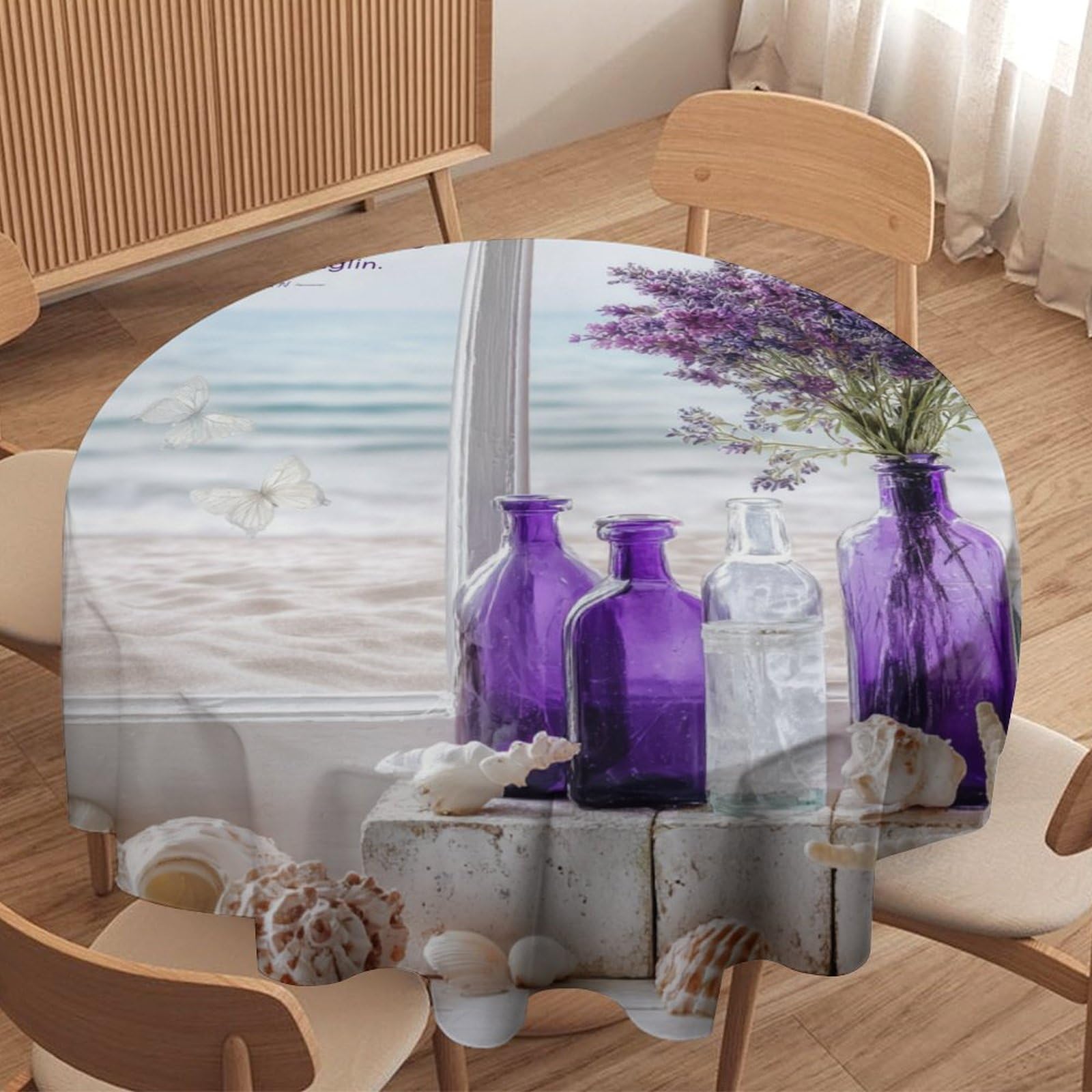 LUYYSKY Modern Vintage Window Seaside Waterproof Round Tablecloth Abstract Aesthetic Summer Nautical Landscape Lavender Lilac Washable Table Cover for Kitchen-91.4" Wx91.4 L cm