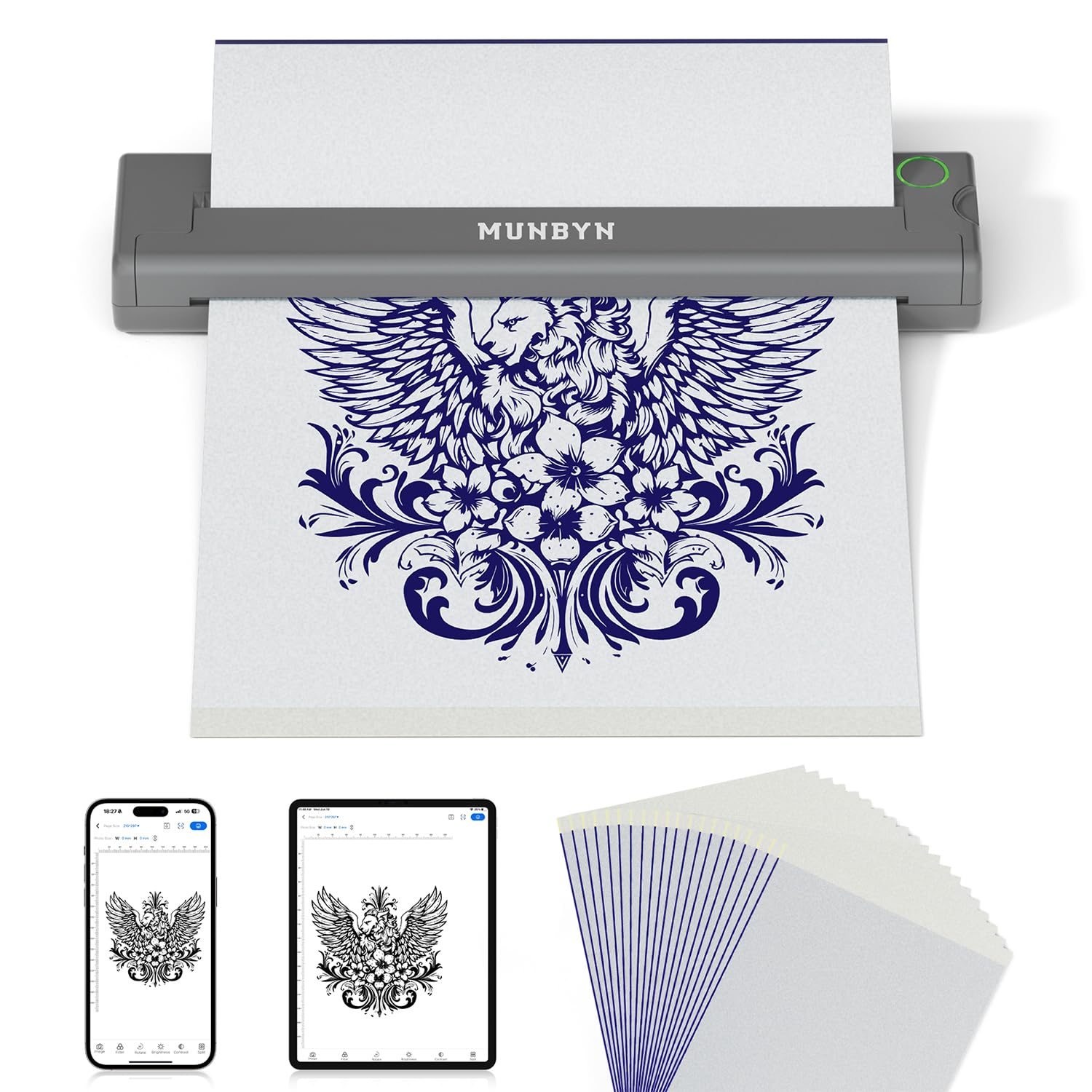 MUNBYN Tattoo Printer, Wireless Thermal Tattoo Printer Machine Kit with 20 Transfer Stencil for Artists & Beginners