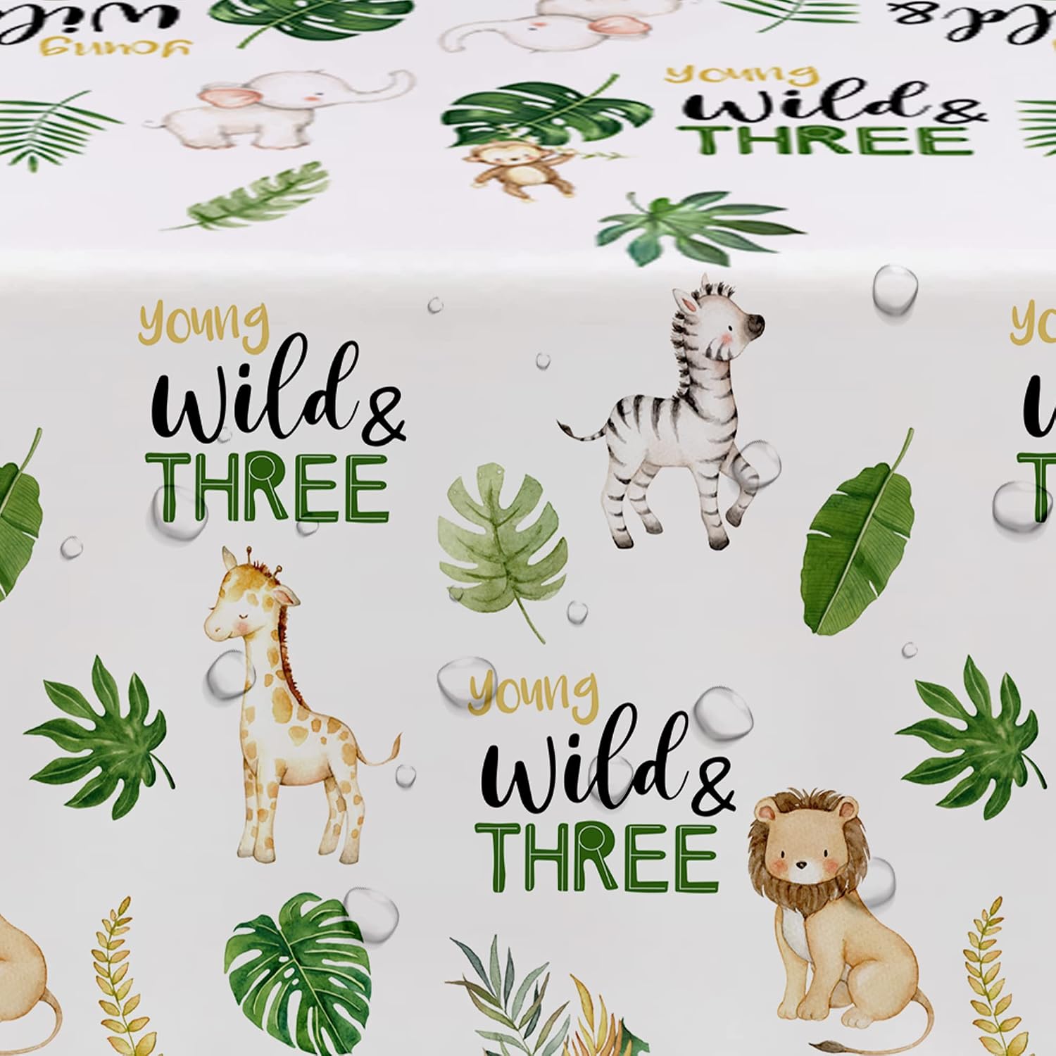 Safari Jungle Animal Theme 3rd Birthday Party Tablecloth Decorations Supplies, 3 Pack Disposable Young Wild and Three Decorations Table Cover for Kids, 54in x 108in