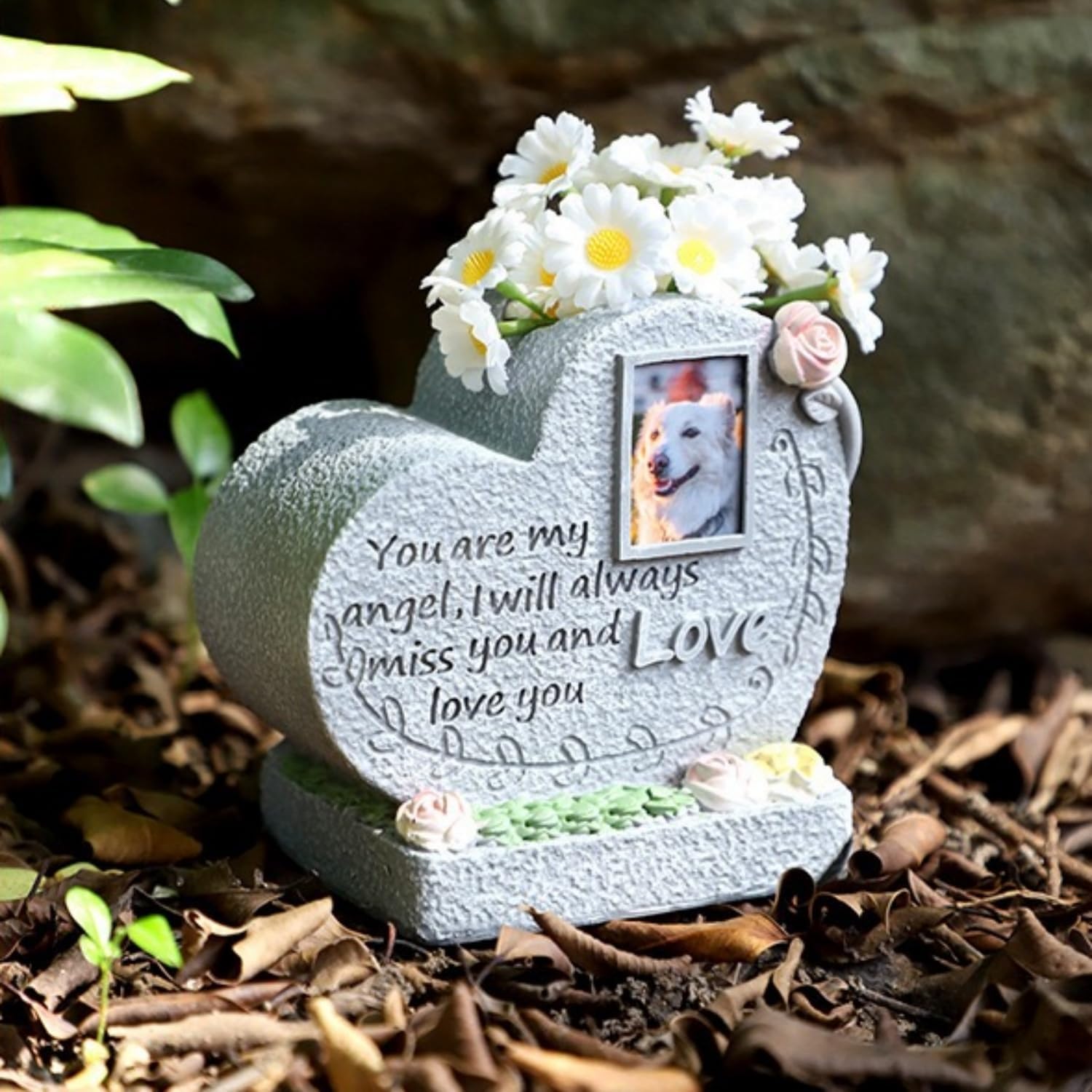 Heart Shaped Pet Memorial Stone with Picture Frame – Weatherproof Dog Grave Marker for Outdoor or Indoor Use – Sympathy Gift for Loss of Dog or Cat, Personalized Pet Headstone Alternative