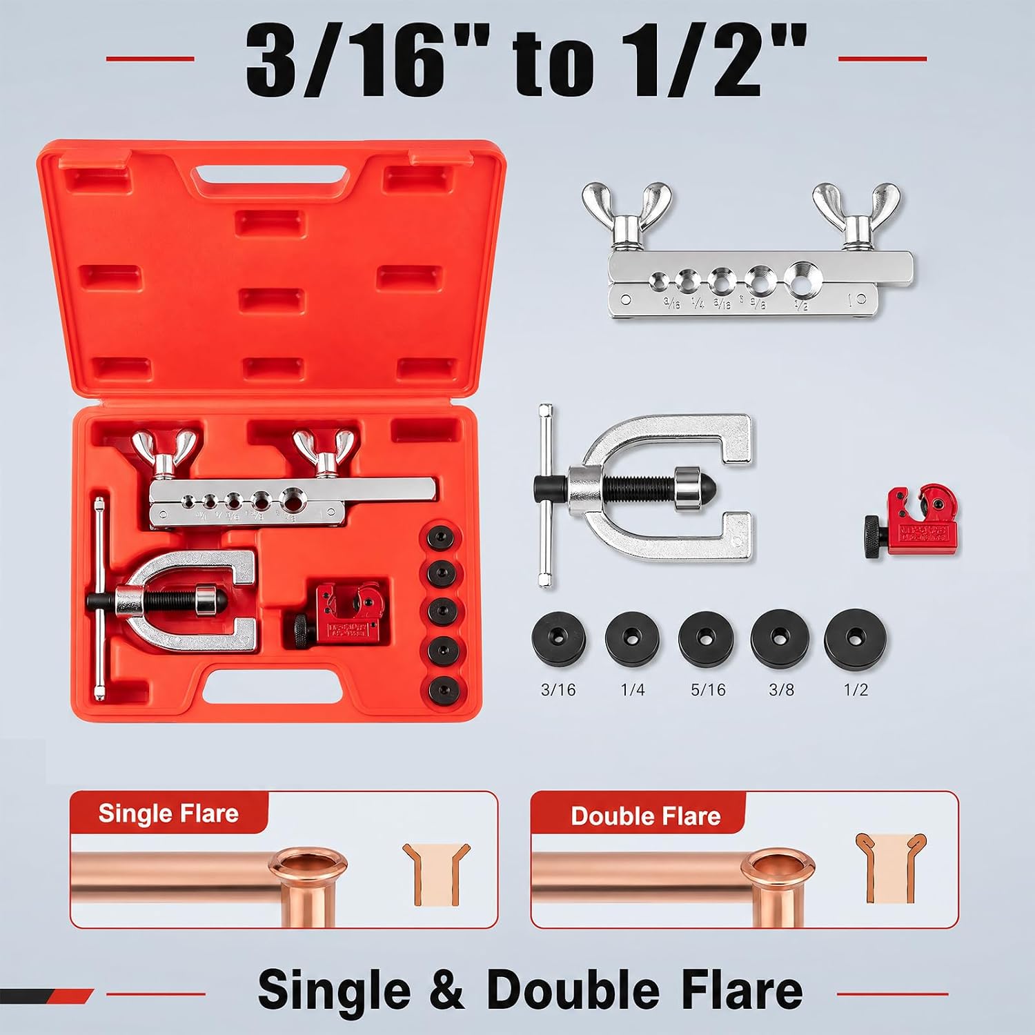 Brake Line Single & Double Flaring Tool Kit, 45 Degree Tubing Flare Set, Storage Case & 5 Adapters,3/16", 1/4", 5/16", 3/8" and 1/2” for Copper, Aluminum, Brass, Magnesium & Soft Steel