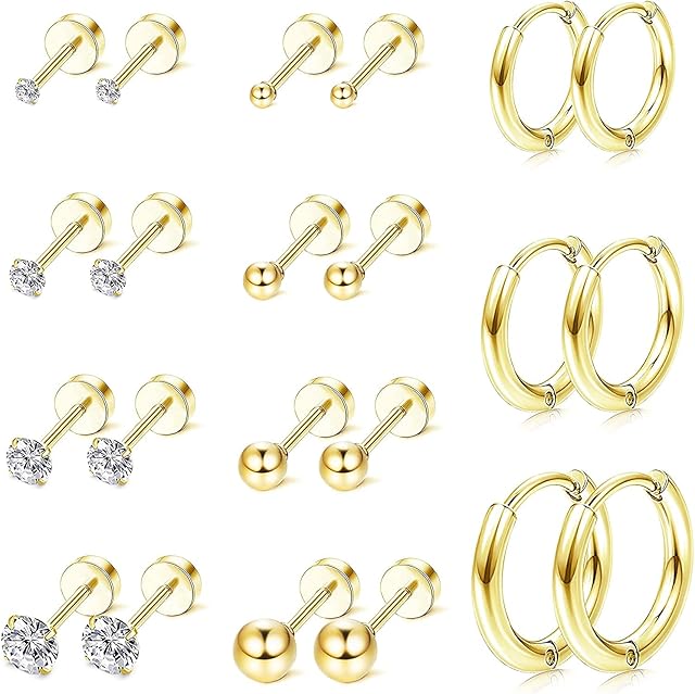 LOLIAS 11 Pairs Stainless Steel Cartlidge Cubic Zirconia Earrings Ball Stud for Women Helix Earring Set Tragus Earring Flat Ball Back Screwback Helix Earrings