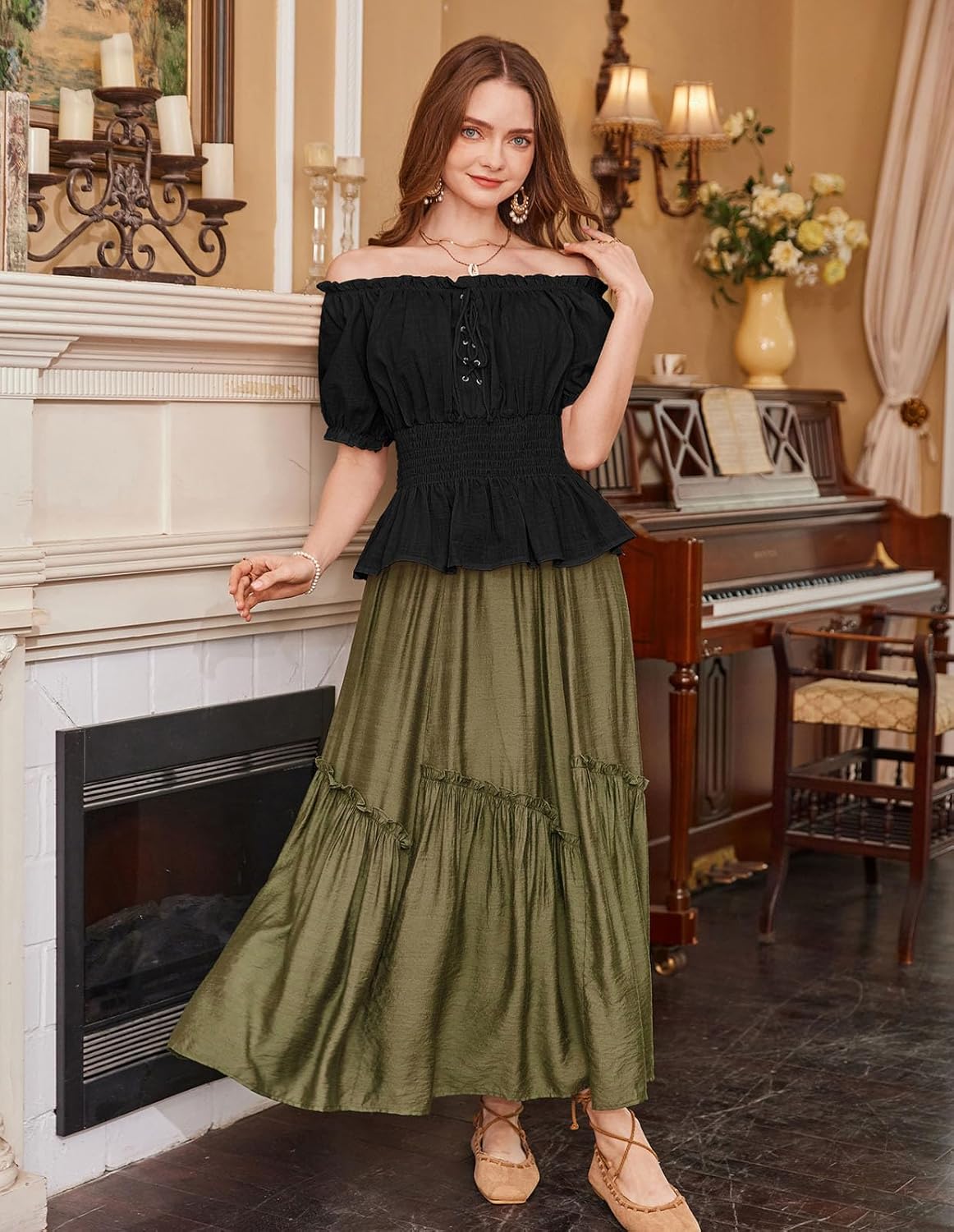 Scarlet Darkness Women Renaissance Off Shoulder Blouse Smocked Waist Pirate Shirt Peplum Tops - Image 6