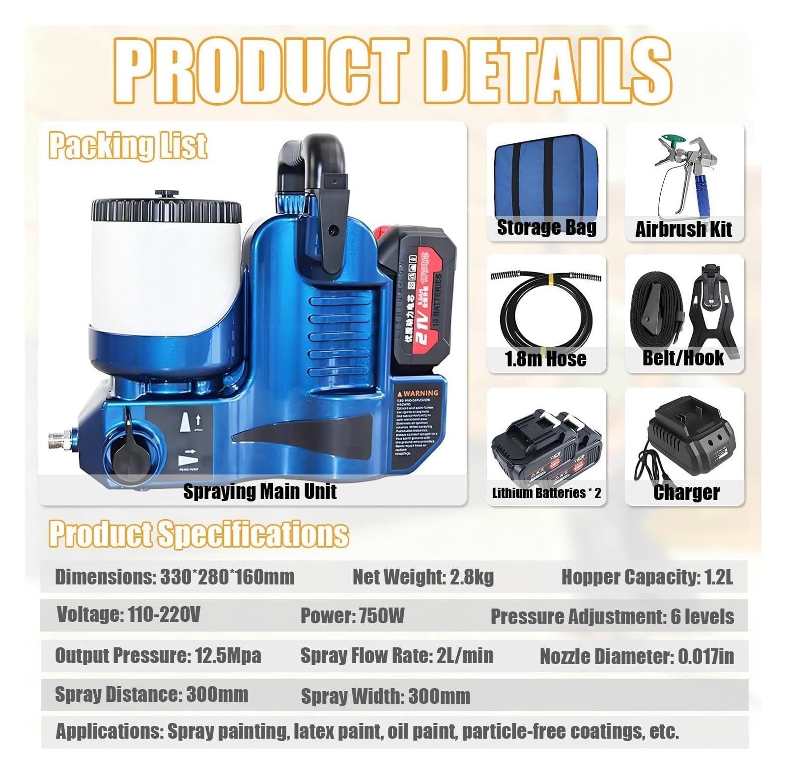 Spruzzatore di vernice airless portatile con pressione regolabile - Capacità 1,2 l, 2 batterie da 21 V, pressione 12,5 MPa, portata 2 l/min
