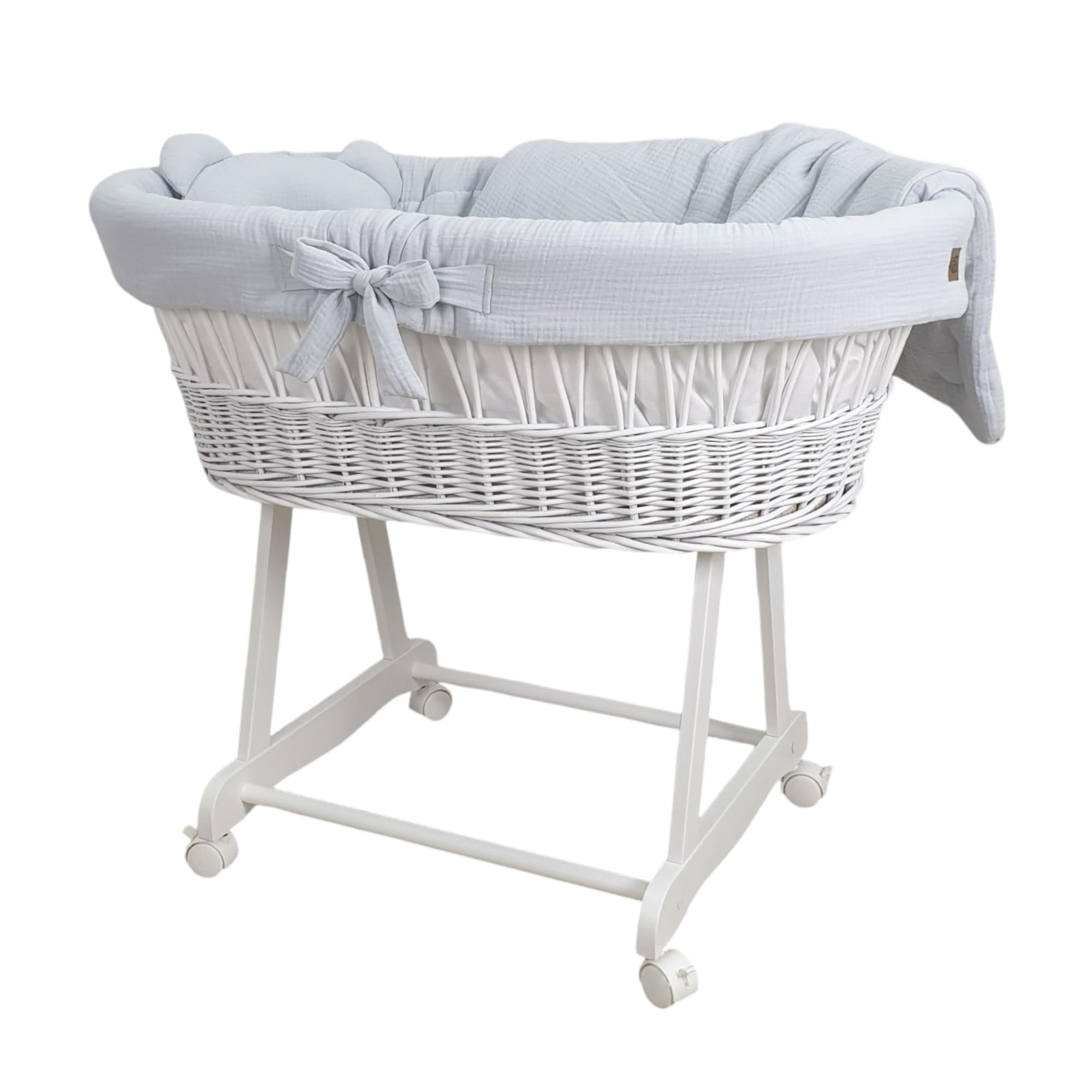 Stubenwagen Baby mit Rollen & Bremse – Weißer Moseskorb aus Naturweide inkl. Matratze & Hellgrau Bettwäsche aus 100% Baumwolle Oeko-Tex – sicher & mobil – Modell Amelia