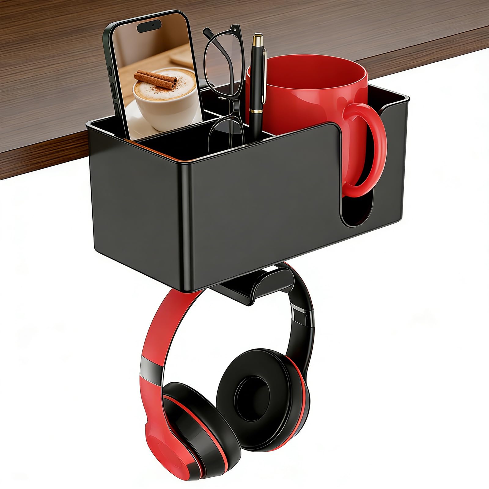 Desk Cup Holder Clamp, Clip On Drink Holder with Rotating Headphone Hanger