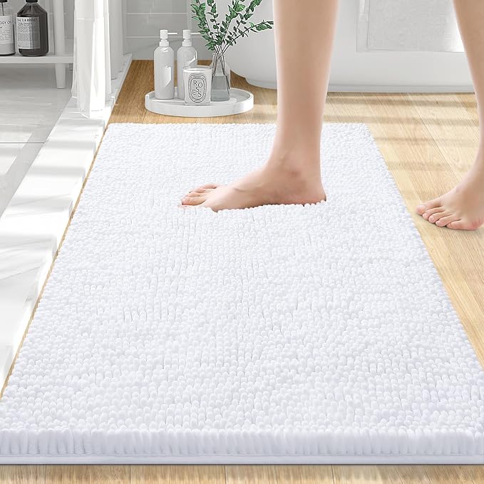 Smiry Luxury Chenille Bathroom Rugs 24x16, Extra Soft and Absorbent Shaggy Bath Mat, Machine Washable, Non-Slip Plush Carpet Runner for Tub, Shower, and Floor, Home Decor Accessories, White