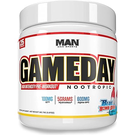 Amazon Com Man Sports Game Day Powder New Improved High Intensity Formula High Stim Nootropic Pre Workout For Energy Laser Focus And Pumps Gummy Bear 282 75g 25 Servings Health Household