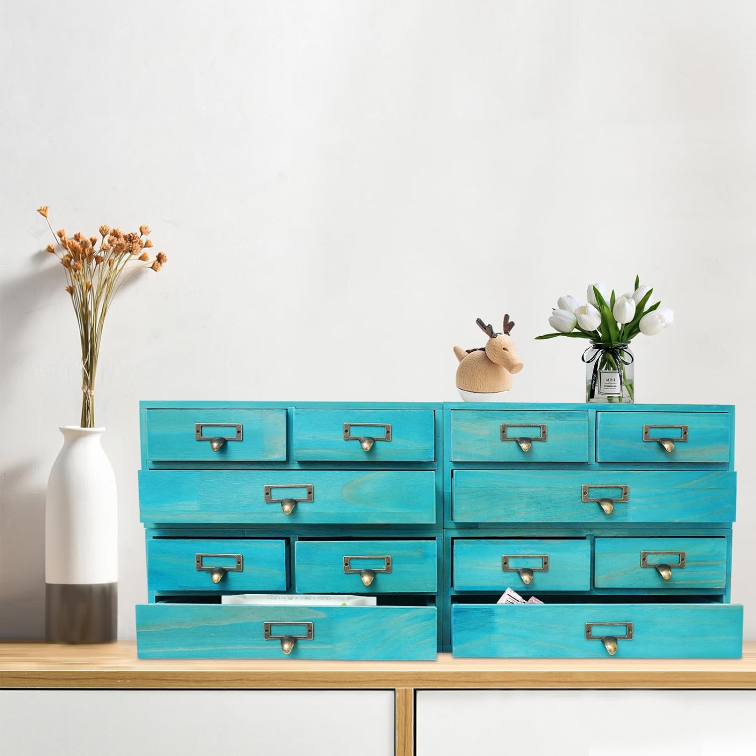 4-Pack Vintage Desktop Apothecary Cabinet with 3 Drawers, Wooden Desktop Organizer with 12 Drawers, Wood Stackable Drawers for Desk Cabinets Jewelry Necklaces Herbs, 27.2 x 10.6 x 11.8in (Blue)