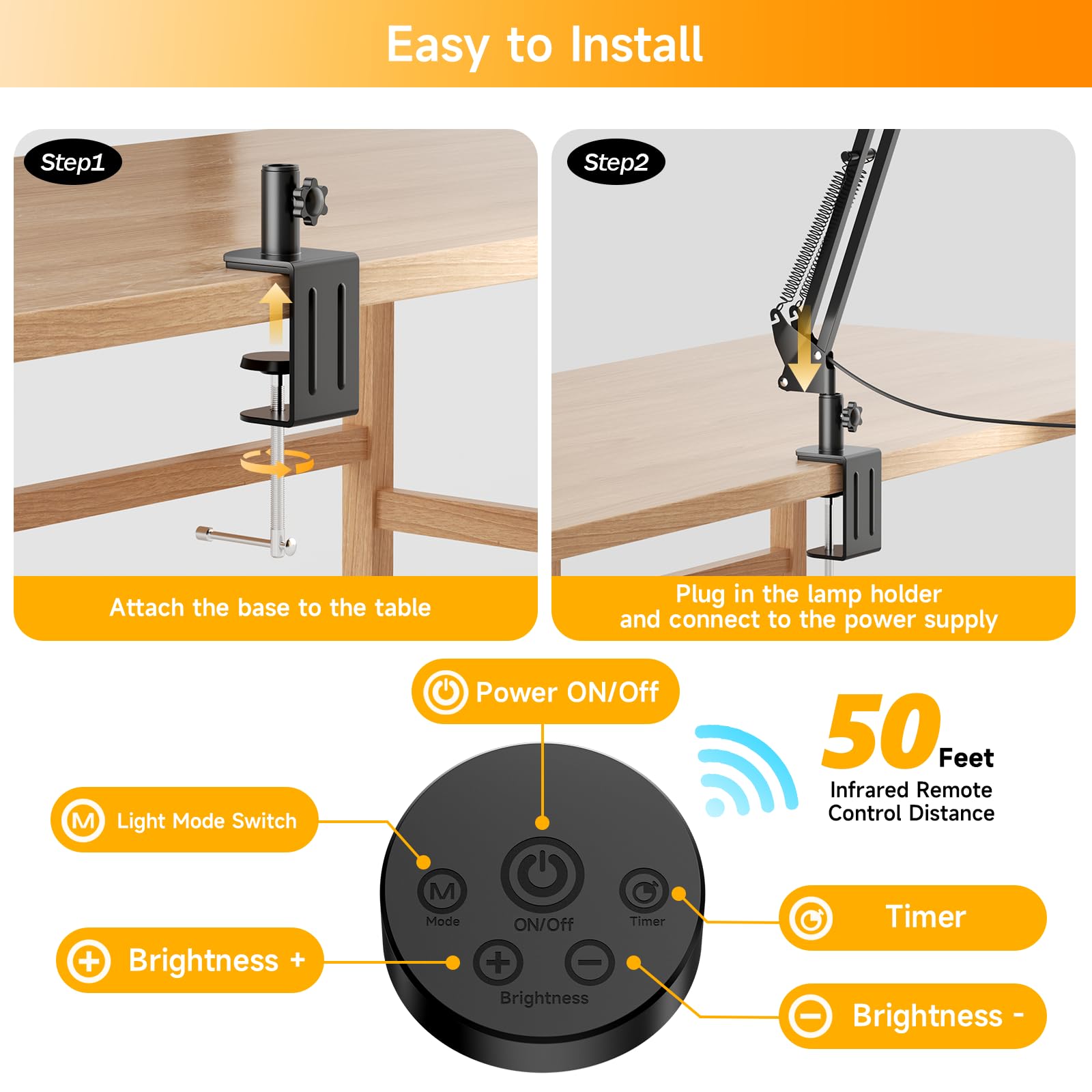 SKYLEO Lámpara LED Escritorio, ​Lámpara de Escritorio de Doble Cabezal con Clip, con Control Remoto, 2400 LM, 5 Modos de Temperatura de Color, Lámpara Escritorio Hogar, 24W, Negro