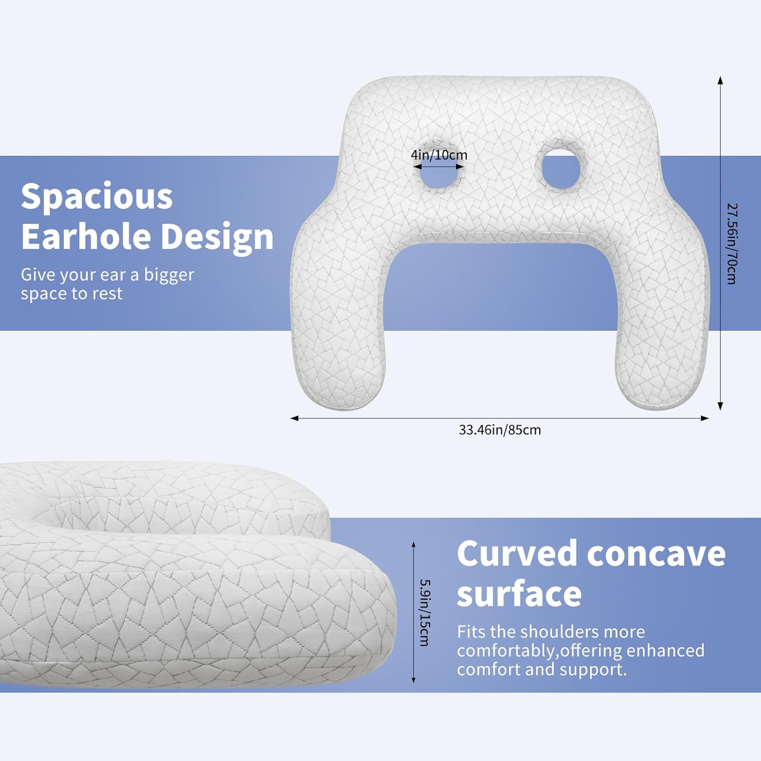 Pillow for Side Sleepers with Ear Hole, J & C-Shaped Neck Pillow for Ear Piercing, Relieves Neck, Shoulder & Back Pain, 27.5x26 Inches with Pillowcase (White • 3D Air Mesh Fabric, 27.5" x 26")