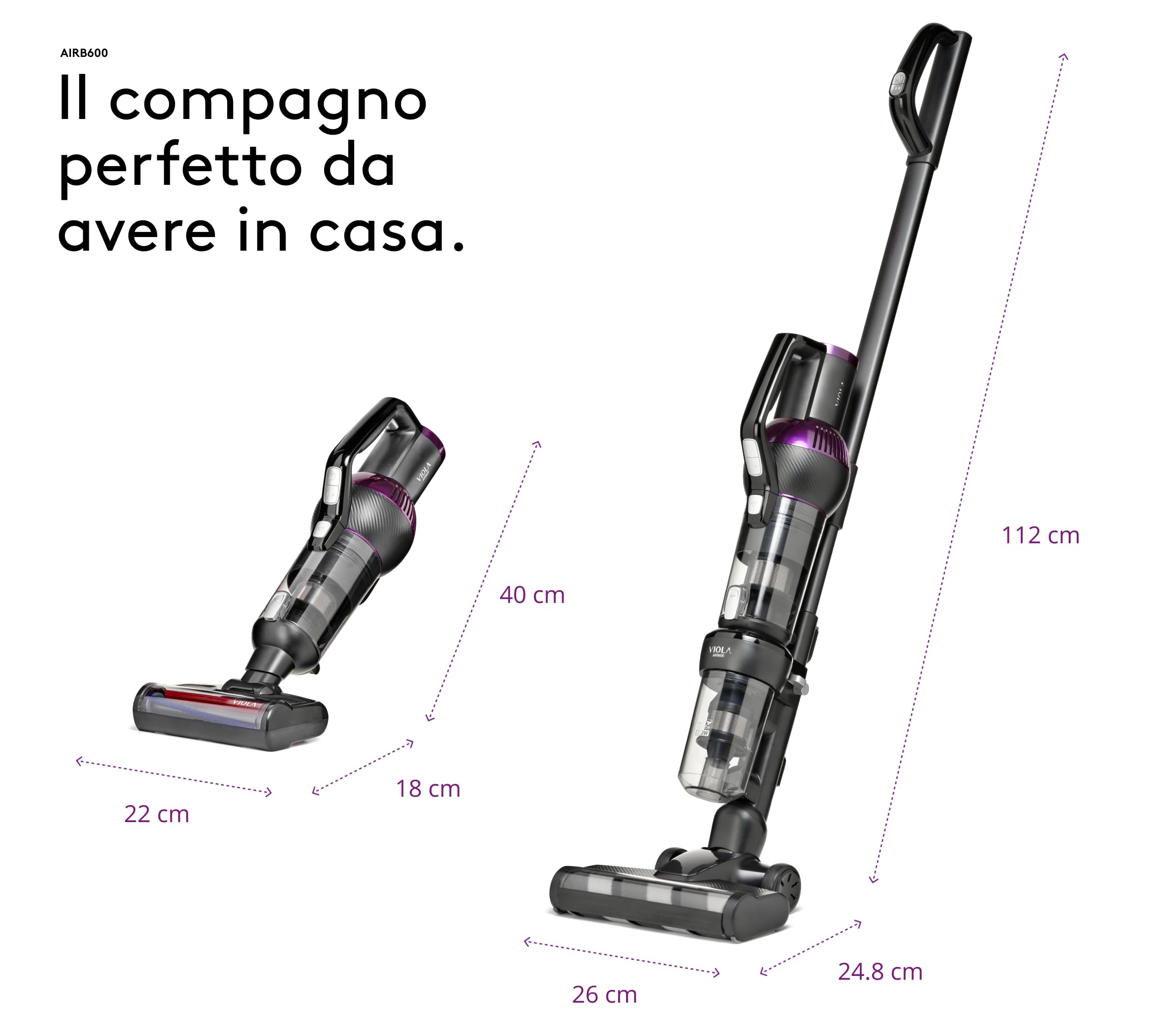 VIOLA Aspirapolvere Senza Fili, 80Min/28,8V/600W Scopa Elettrica Senza Fili, Aspirapolvere Potente, Aspirapolvere Verticale con Batteria Rimovibile per Tappeti/Peli Animali, Divani, Nero