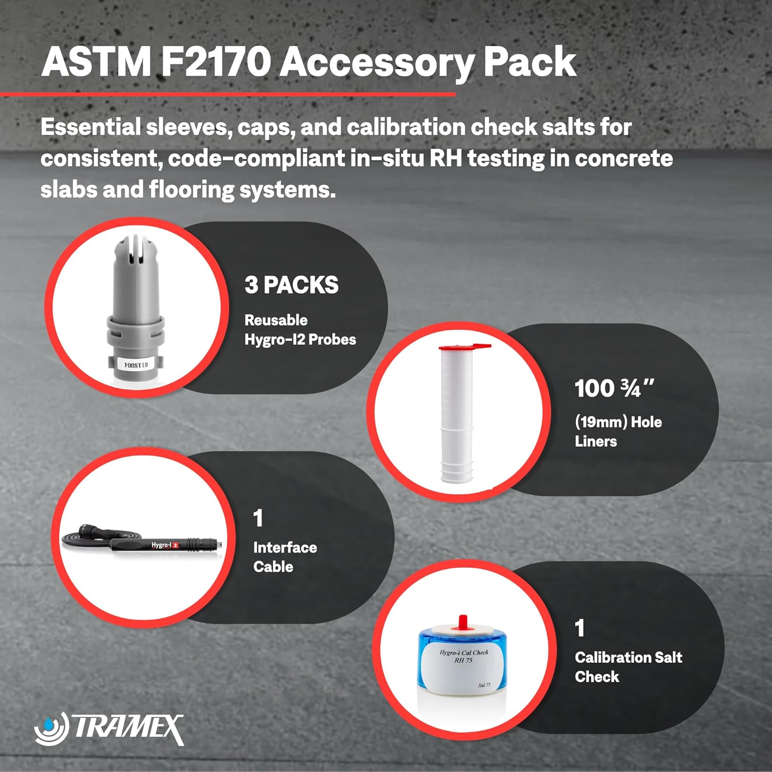 Tramex Accessory Starter Pack for Performing In-Situ Relative Humidity Test in Concrete as Per ASTM F2170 | Reusable Hygro-i2 Probes, Interface Cable, Calibration Salt Check, ¾” Hole Liners & Tool Kit