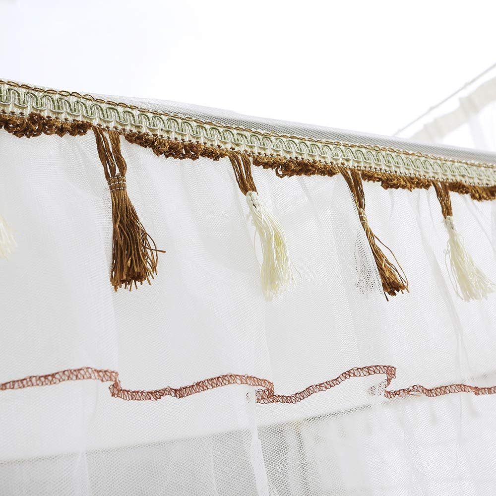 Luxury Bed Curtains Canopy, Ruffle Tassel 4 Corner Post Canopy Netting, Bed Canopy for Girls Kids Adult, Bedding Décor (Queen, White)