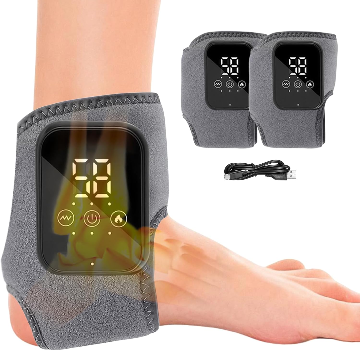 Foot Massager with Triple Method Heat - 3-Level Heat & Vibration Adjustable Ankle Massager for Foot Relief, Electric Wireless Smart Feet Massager with Touch Screen, Compact & Portable for All Ages